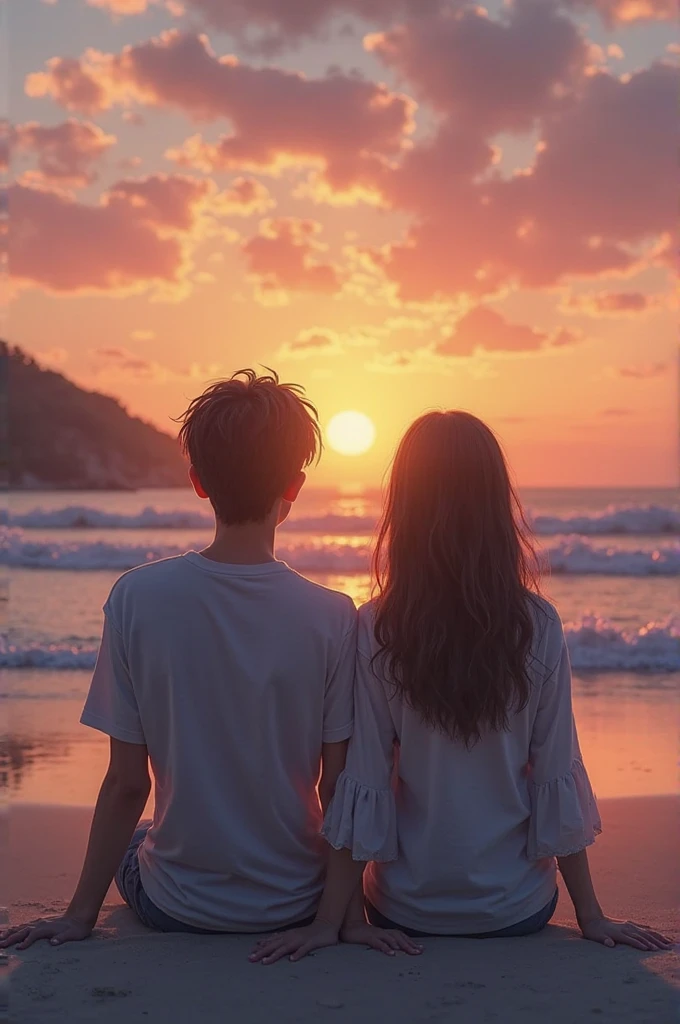 ((Best Picture Quality, 8k, tmasterpiece:1.3)), (Casual hairstyle),A boy,A girl,Hand in hand,sandbeach,The sky is filled with clouds of love --auto