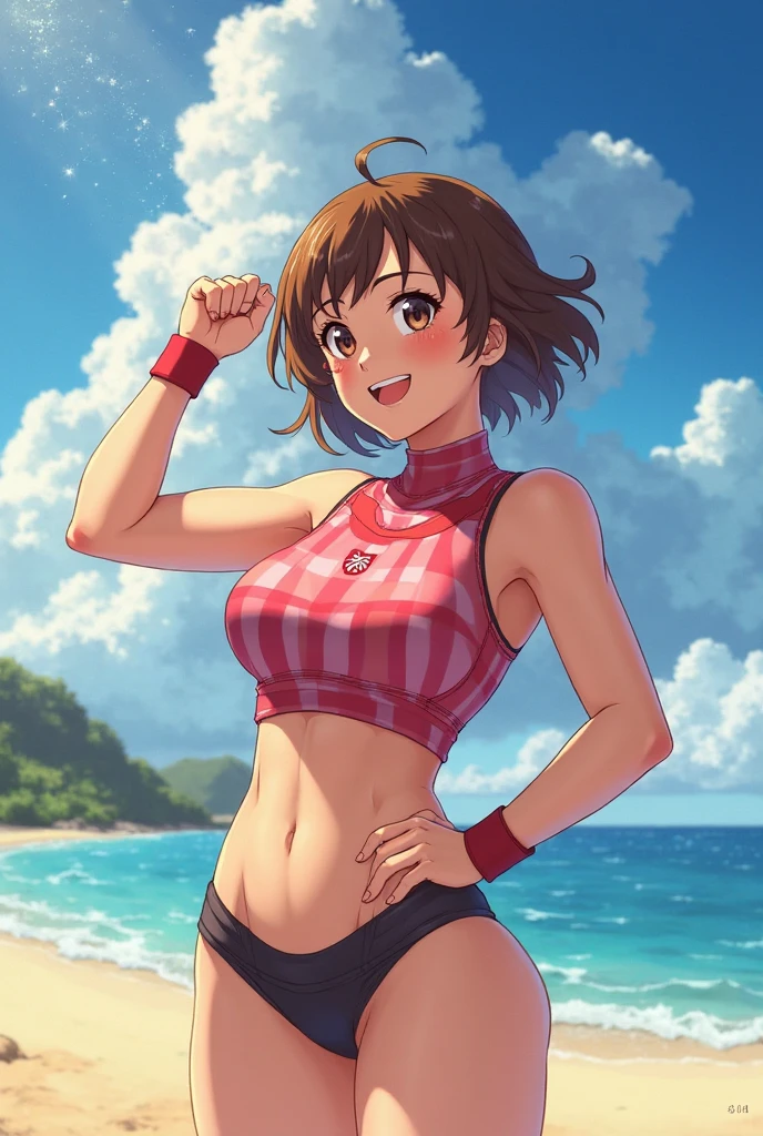 attractive korean woman, ripped muscle, muscular body, small breast, pale skin, smile(blush), bikini, thin necklace, sixpack abs, [ultra detailed skin:1.2], brown hair, wavy hair, 8k uhd, full body, crowd, public, night, standing,