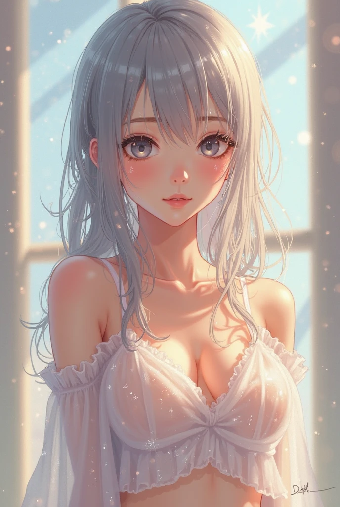 Draw a beautiful woman with huge breasts, she wears a white tunic, she is white and albino with blue eyes, she smiles, passive, calm ,anime