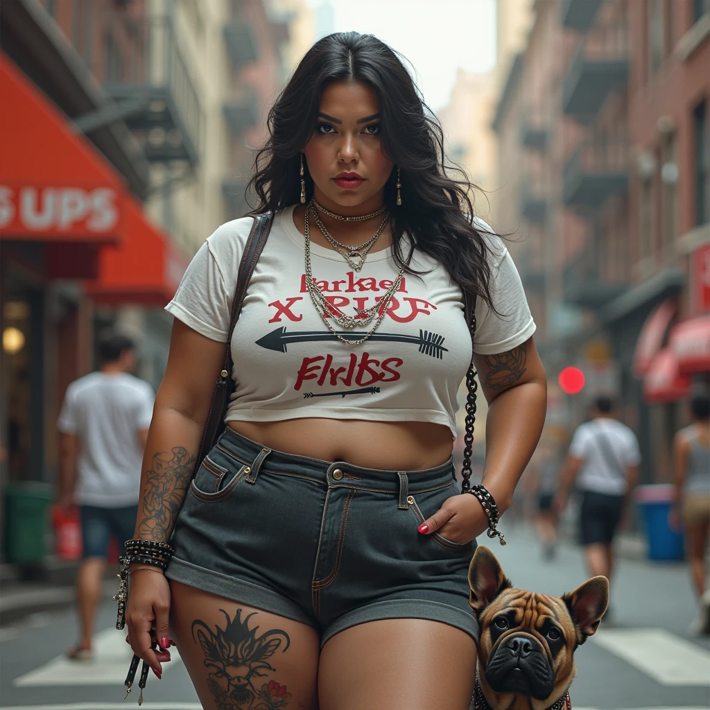 Beautiful girl with a sexy Body and Big titts with pink and Black hair covered in tattoos and brown Skin in a Tshirt walking down the street and look in the Camera