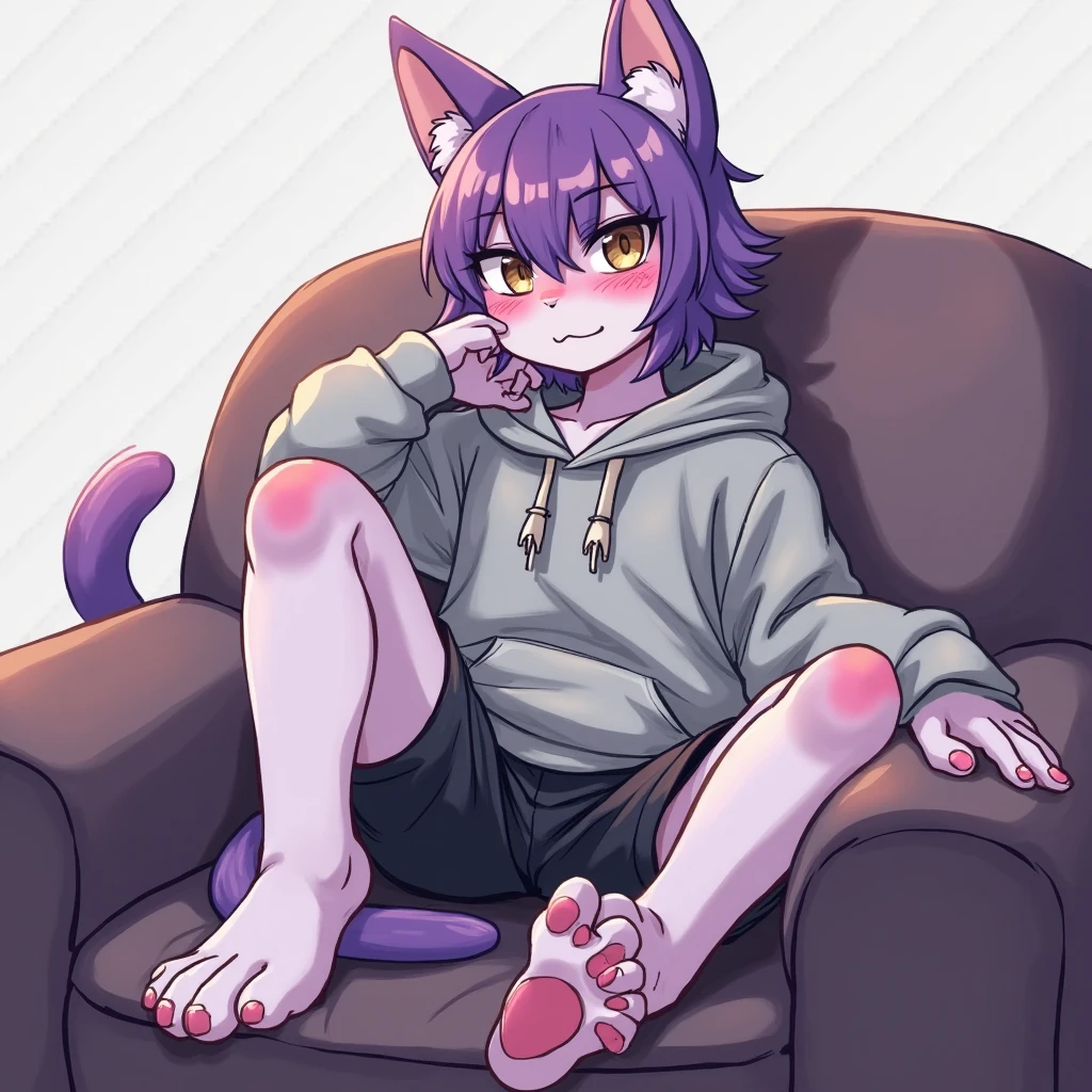 Furry male, eyeliner, eyelashes, ((black eyeshadow)), ((male focus)), lynx, deer, ((purple fur)), purple hair, anime style, furry, cute fangs, cute, hair over shoulder, medium hair, furry, anime style, fluff, fluffy, thuft, disheveled, realistic fur, detailed, detailed shadows, cheeks fluff, ((fullrender)), by kilver, (((neck fluff))), <3 eyes, icon portrait, avatar icon, only face, smug face, solo focus, leg warmers, collar, torn clothes, sitting, nipples, penis, (((cum on chest))), legs wide open, spread anus,