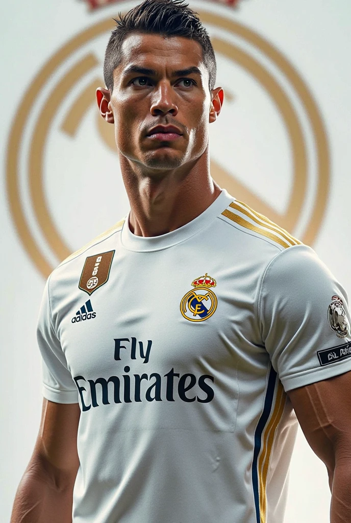 Cristiano Ronaldo very realistic, from the front with a stadium in the background. He wears the number 7 on his shorts. He looks at the camera