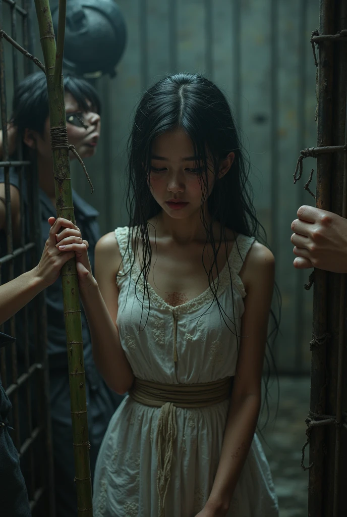 White corean adolescent woman at a backyard positioned in four supports holding a dead bloody piece of animal in her mouth terror style with a savage look open photography low lights stripped clothes