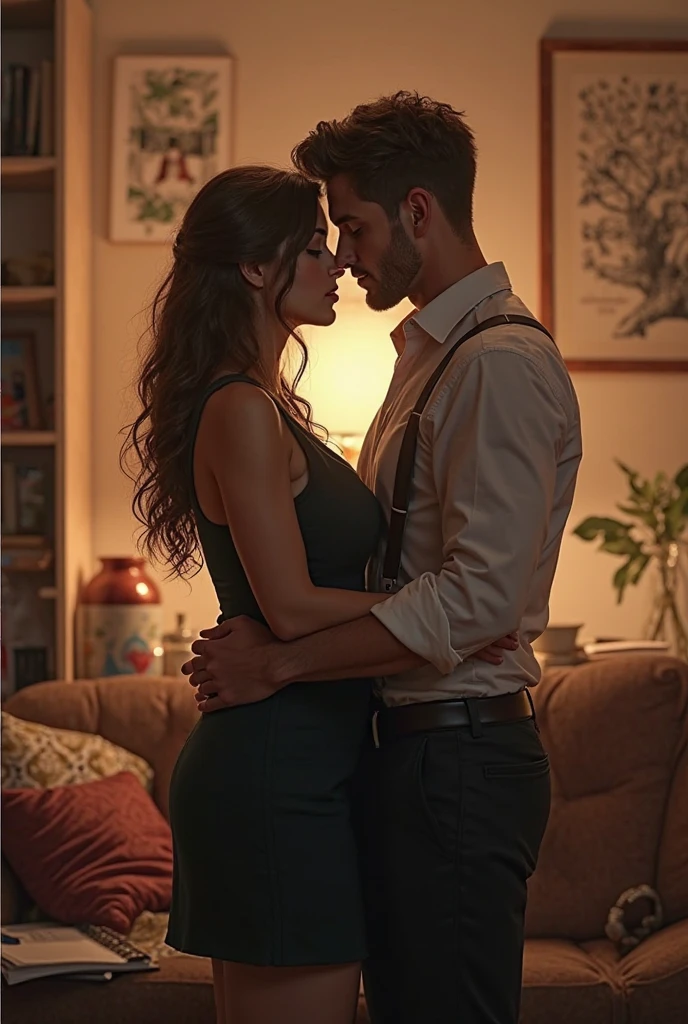 A heterosexual couple staying in a luxurious apartment, behind the window with a beautiful view of the city of Campina Grande at night, at Açude Velho. The man is tall, magro, tem cabelos preto e grande, ondulados e veste camisa preta. The woman is a redhead, usa vestido tomara que caia preto, tem sardas e olhos azuis. He holds the woman&#39;s waist about to kiss her intensely, as she wraps the man with her arms around his neck. The man is taking off her dress while she tries to take off the man&#39;s shirt.
