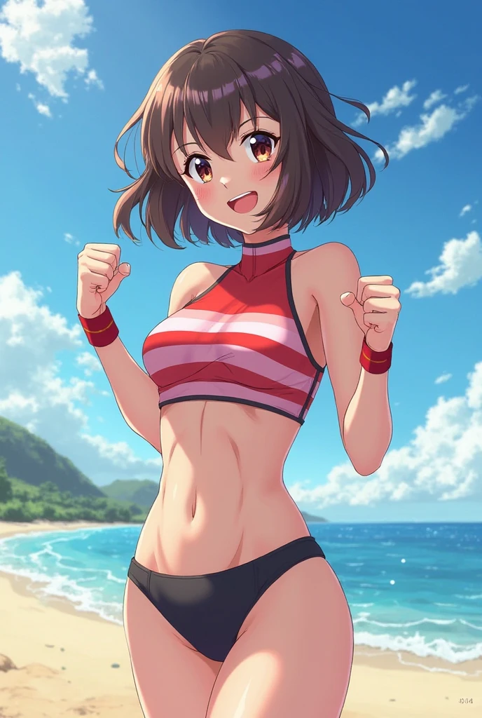 aston machan\(umamusume\), (((ultra-detailed face))), beautiful face, symmetrical face, (masterpiece), best quality, stadium, from front, horse tail, cheerleader uniform, smile, (muscular), (abs:0.85), bikini, (large tits:0.65), slender