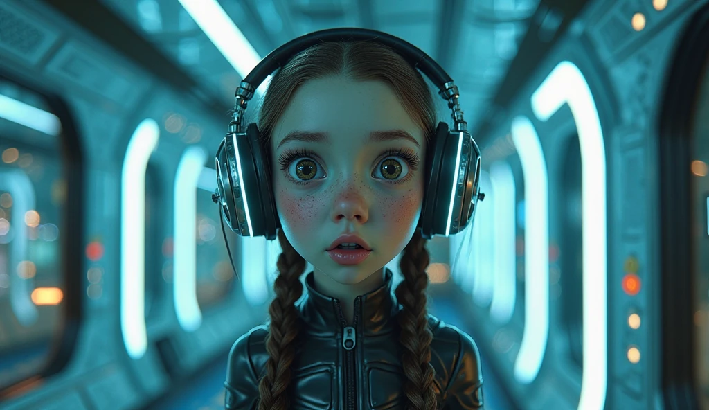 GIRL child 12 years old, RUSSIAN BLONDE long hair and headphones, portrait, SILVER LEATHER JACKET, VINYL AND CDS red background.