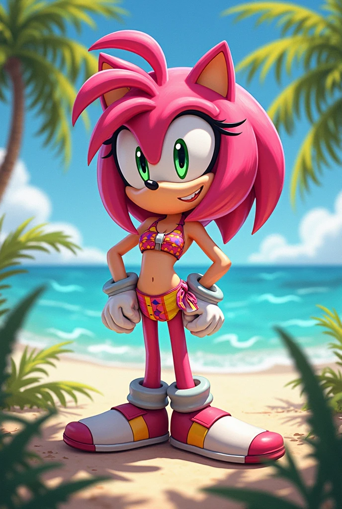 score_9, score_8_up, score_7_up, Amy Rose, Hedgehog, pink fur,light green eyes eyes, ornament flowers,head flowers,golden necklace,red crop top with boob,perfect female shape,full body,(beach background),seaside,window, sleeveless, golden Bracelets , white shorts, white sandals shoes, (very long wavy quills), ((solo)), ((1girl)), confident expression