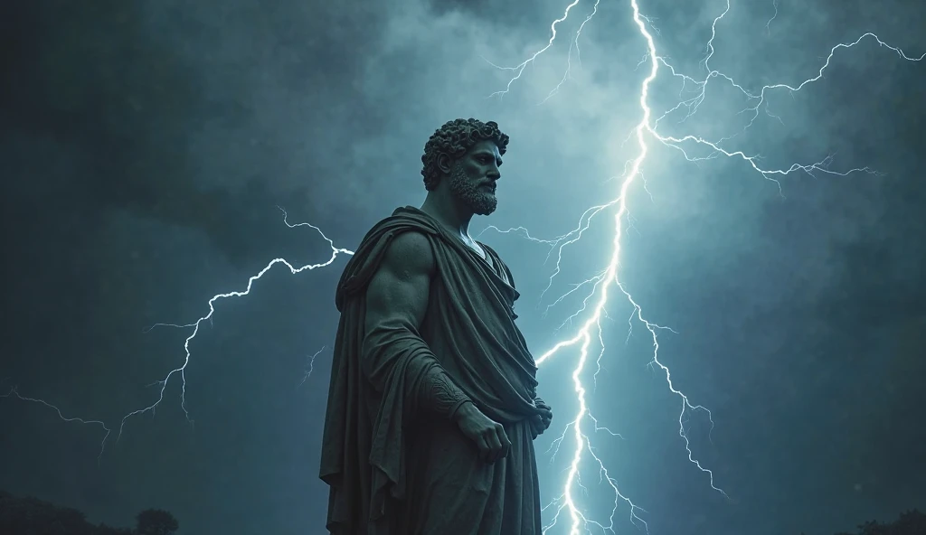 White statue of Marcus Aurelius shirtless, muscular, with a book in hand, lightning background in the sky and storm