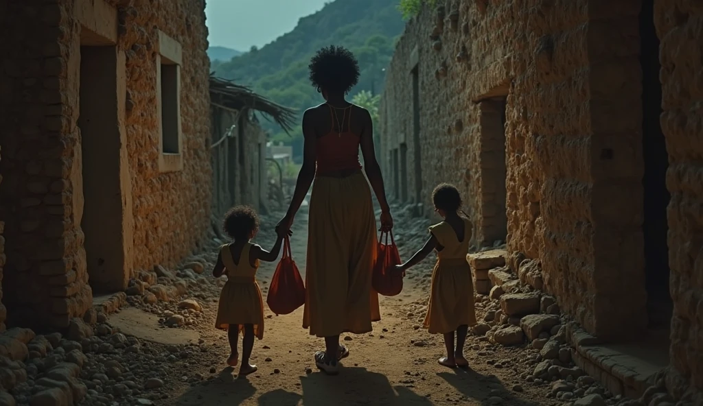 Scene 1: The mother lives happily with her children.Scene 2: In Scene 2, she falls ill.Scene 3: In Scene 3, she passes away.Scene 4: In Scene 4, people mistreat her children and don't treat them well.Scene 5: (Assumed based on context): The children are further neglected.Scene 6: In Scene 6, no one offers them shelter, and the children die of thirst during the day.