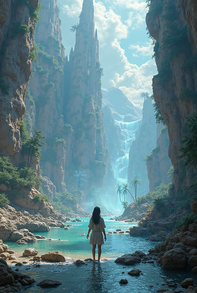 Create an 4D realistic image of a futuristic scene where a beautiful woman with long black hair in an orange futuristic outfit, stands in a lush rock, vibrant jungle. Above, large, detailed cargo spaceships hover amidst towering rock formations under a dark blue sky. The juxtaposition of advanced technology and pristine nature creates a striking and thought-provoking tableau.