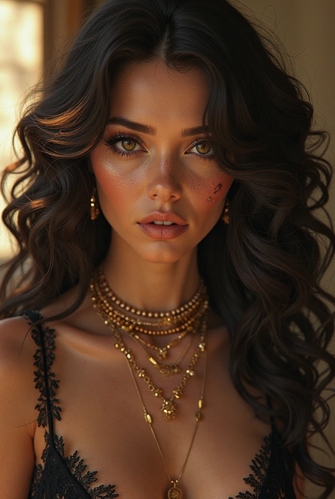 Extremely beautiful,1 girl,standing alone,long hair,breastsout,looking ahead at viewer,chestnut hair,don,neckleace,eyes browns,jewerly,medium breastsout,trunk,flowers,Red hair,aretes,necklase,Blurry,lips,plaid,make up,naturey,curly hair,realisitic, 0 years old, diamond face, starry sky background, Depth of field, magie, grandes lips vermelhos, ((dark and black eyes)), Medium chest covered with futuristic panther adornments, necklasees reais de pedras preciosas no pescoço, mystical atmosphere, menacing shadows, intense blue aura, Intense red aura (best qualityer:1.2), absurderes, details Intricate, (highly detailed skin:1.2), smile expression, posando, attractive bust. altamente realisitic, Brunette skin burned by the African sun, comely, Hyper-Realism, very elaborate skin, direct gaze, night sky, futurist, (work of art, ultra detaild, A high resolution) , I DON'T WANT HUMANS, There is a flow of energy, Very real scenario, clear shades of purple and blue, ultra details.