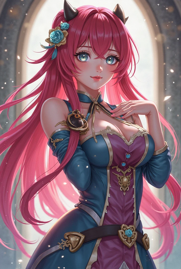 best quality，tmasterpiece，final resolution，The soft，Extremely colorful，Colorful，Dragon beauty，Mature face shape，blue color eyes，Red and blue hair，（Long Red and blue hair），（Kneeling pose，blackstockings，high-heels）Redlip，choker necklace，Long messy hair，A pair of dragon horns，A pair of dragon wings，A mature woman，Crop topping，Superskirt，Obscenity exposed，refuge，sky sky，Normal posture