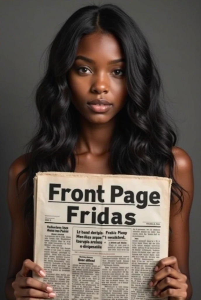 woman named Mirela holding a piece of shit in her right hand and in her left a sign with her name,her hair is curly and she is black as coal