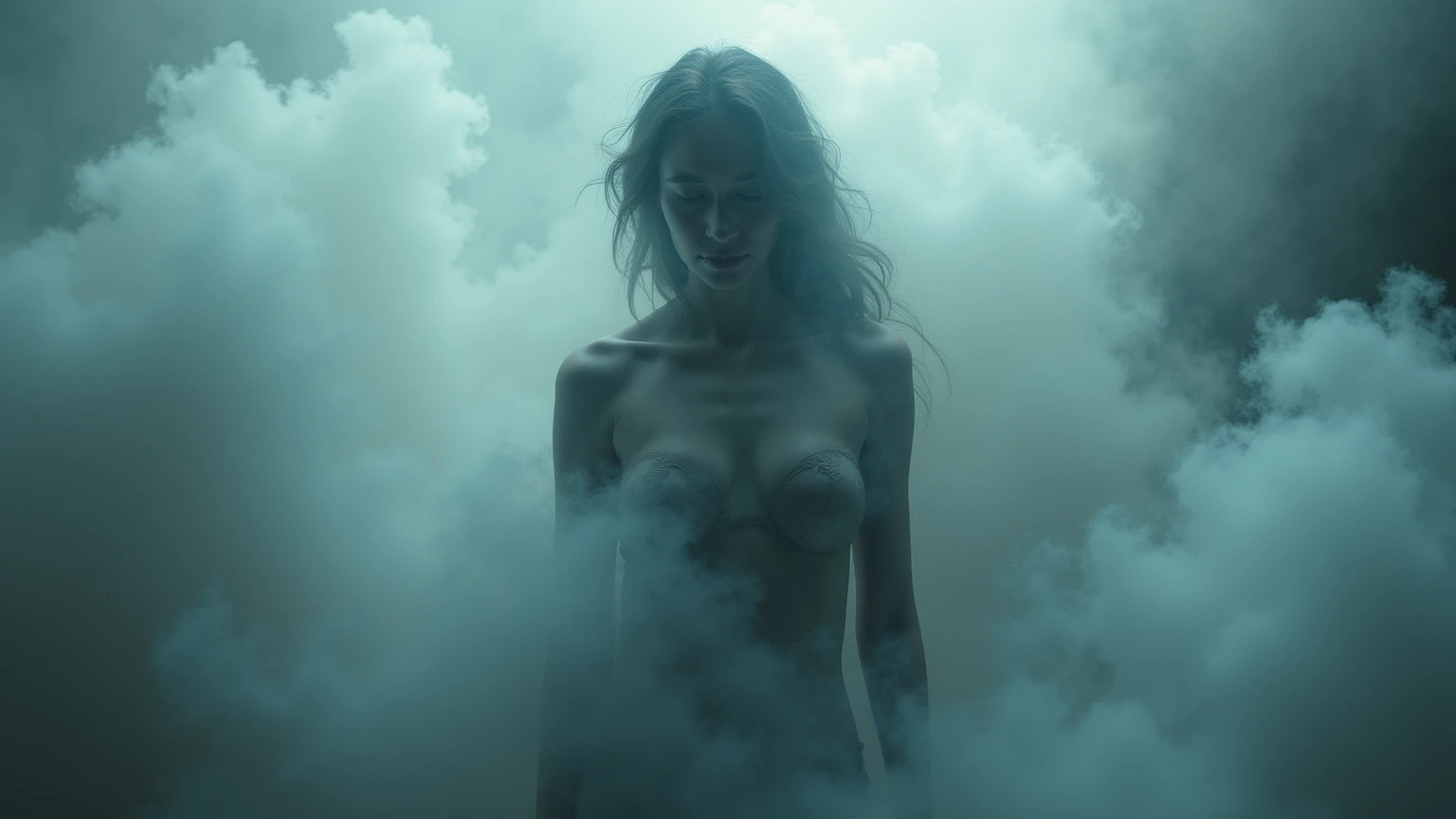 full body shot, stunningly beautiful naked 30 yo girl, blue eyes, choppy haircut hair, fear, turning to the side with a seductive glance, emphasizing facial features and allure, misty lighting, soft, misty light adding an air of mystery and enchantment to the scene, a magical bioluminescent bay, where the water glows with ethereal blue light after dark, dreamlike,...