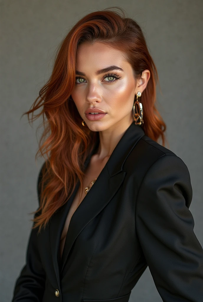 There is a woman with red hair and a black shirt, Girl in a suit, женщина in a black business suit, Girl in a suit, Woman in a business suit, high quality portrait, Business lady, professional portrait, sophisticated young woman, professional portrait hd, attractive woman, young Business lady, close-up professional portrait, anastasia ovchinnikova, in a black business suit