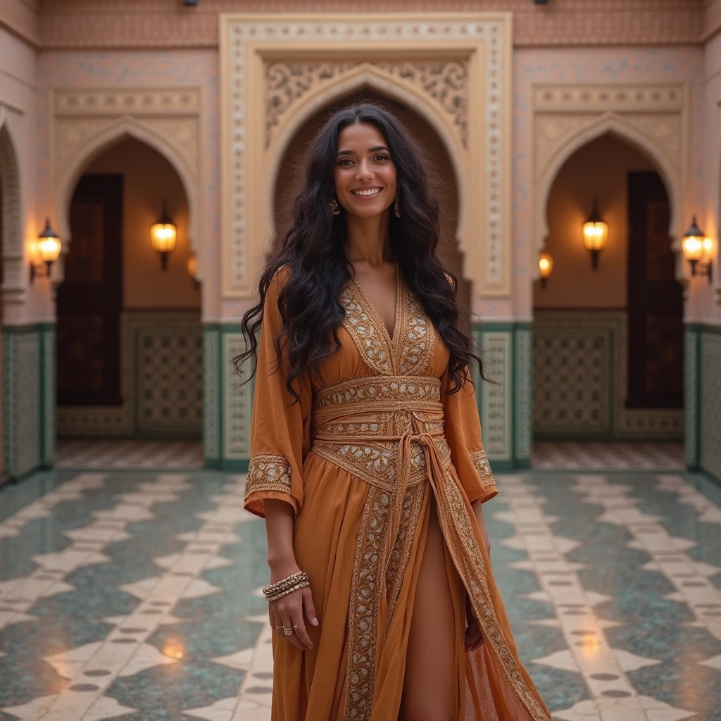 Arab women, beautiful smile, curvy hourglass body, wearing abaya,in village