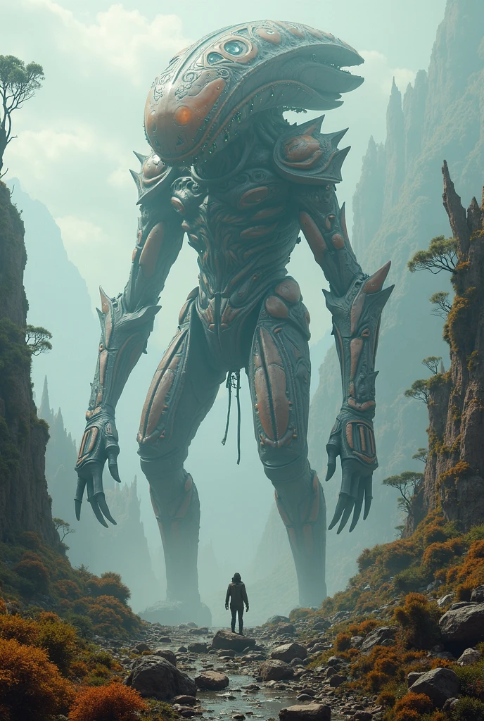 Chat,there is a planet where the terrain is mountainous and rocky,the planet is close to the sun ,the beings of these planets measure 3 to 4 meters,has short arms and strong legs and contains only 3 fingers on each hand without thumbs.Create an illustration