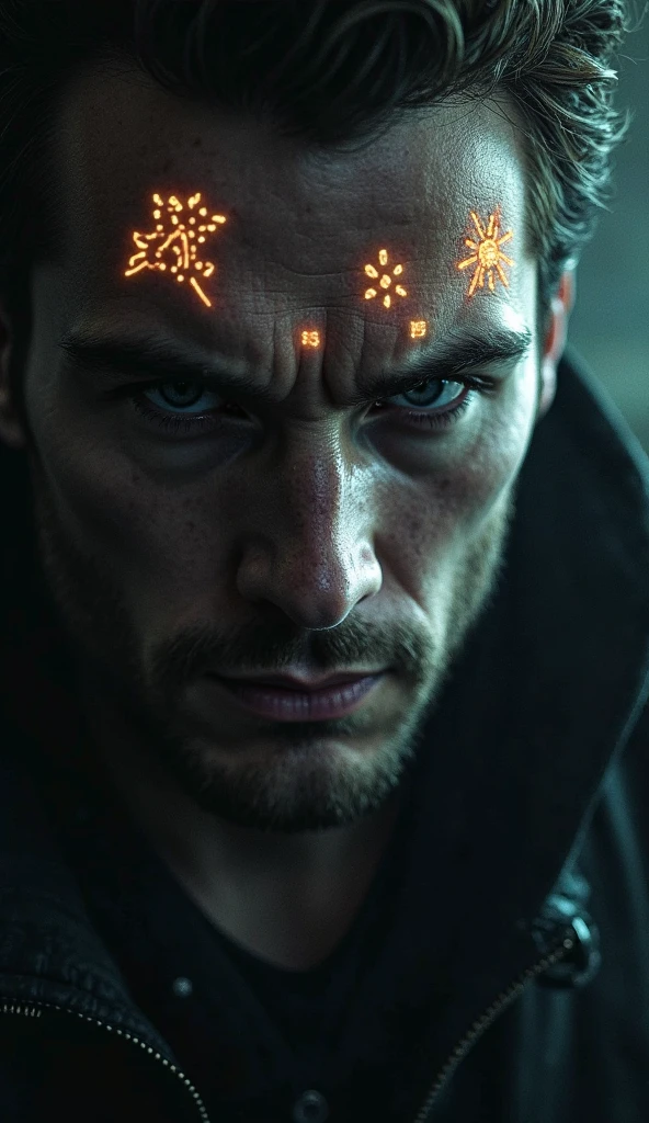 macro crisp quality, close up portraint, of cyberpunk brutal man, in cyberpunk neon room, rough skin, look at a camera, glowing eyes, age 40, cinematic, dimmed colors, dark shot, muted colors, film grainy, lut, spooky