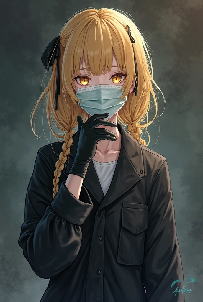 

A young girl named Isolder, with long, slightly disheveled blond hair, falling in soft waves around the face. His face is partially covered by frayed white bandages., that cover his right eye and part of his face, revealing only his blue left eye, deep and expressive blue, shining with a gentle, concerned light. Despite the bandages, her face displays a kind and subtle smile. She wears a tattered and stained white dress that reaches her knees.. His posture is slightly hunched over, and she holds a small container with a drink, showing a mixture of shyness and caution. The general aura is one of mystery and vulnerability., with a sense of resilience despite its worn appearance. His arms fingers and neck are wrapped in bandages 