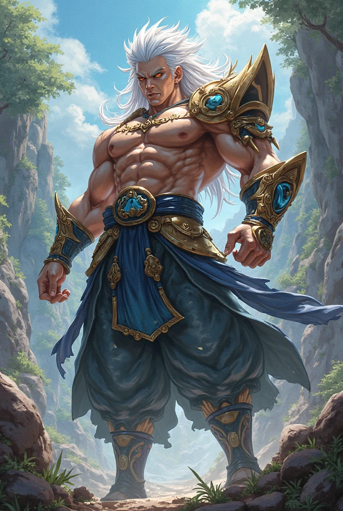 Powerful warrior, upper torso unveiled, lower body uncovered from thighs to feet, decorated with a beaded beard, cascading long curls, meticulous muscle definition, lifelike depiction, 4K resolution. Background: Mythical fantasy landscape,32k uhd, best quality, masterpiece, super detail, high details