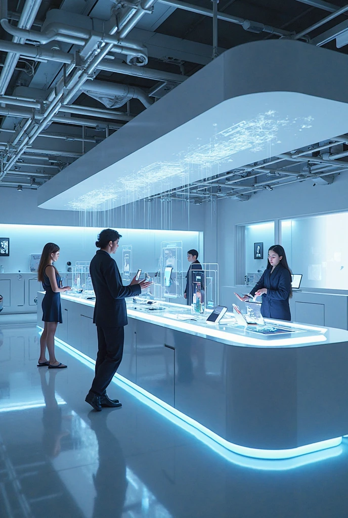 Group of women and men fashion designers surrounding the table designing a futuristic and Roman style dress on top of the white table(above the white table a futuristic dress design) and several dresses on mannequins in the background ,in a futuristic and art deco style design room with mannequins ,with blue walls, with white details and large round violet lamps hanging from the ceiling,with violet armchairs, In the middle of the room a long, wide white table,a futuristic hologram mannequin above the table
