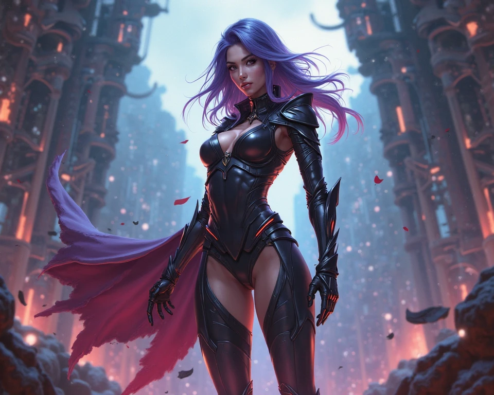 Create a half dragon woman, ancient environment, space city, mutant race, black, magenta, bluish, red eyes, angry, apocalyptic, shadows,