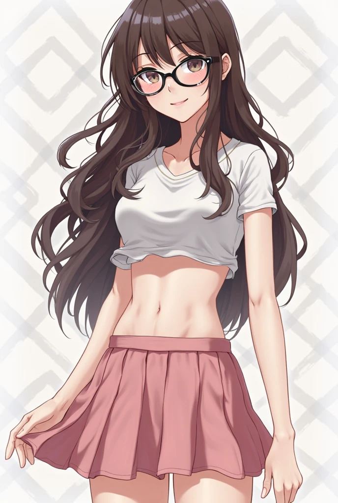 a beautiful young girl, perfect small breasts, long wavy brown hair, brown eye, eyeglasses, contemporary, Realistic Proportion, Intricate, intricate detials, sharp-focus, look at you, (slender girl), rounded face, bangs between the eyes, band on the head in the form of cat ears, torn fishnet panthyhose, pleated low waist microskirt, torn crop top, full height, s5sh5c5n3