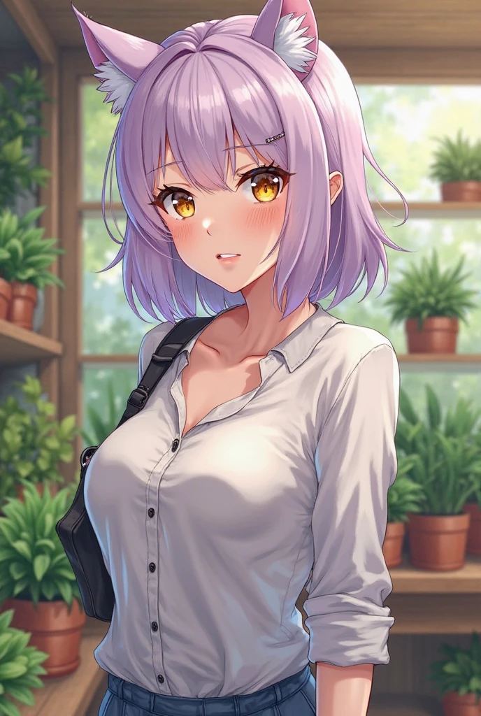realistic, 1girl, hair over one eye, parted lips, blush, makeup, light smile, white hair, t-shirt, skirt, headphones, glow, thighs, purple eye, bare shoulders, collarbone, narrow waist, bedroom, sunlight, flower, (masterpiece), underwear, potted plant, television, wallpaper, sunbeam,