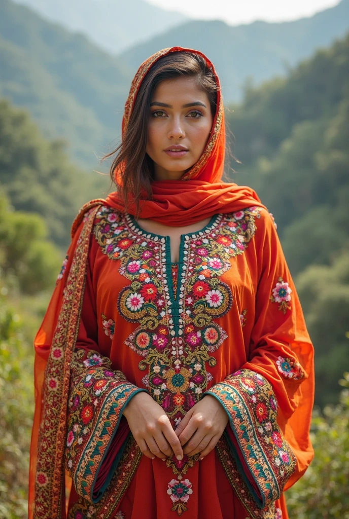 Hijabi woman NAKED and on her knees. Full body picture, front view in the forest, wearing an elegant necklace and wearing a colorful hijab