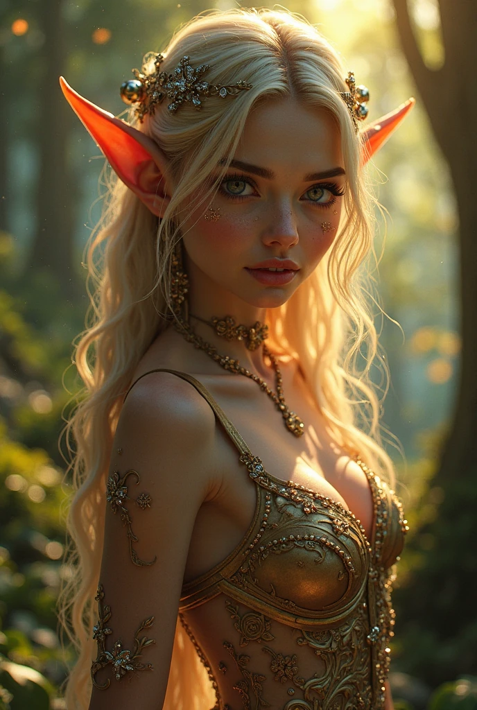 Beautiful Elf Girl, White and bright skin, long golden hair, Clear blue eyes, Beautiful and elegant face, Slender and charming figure ,princess ,naked,big breast