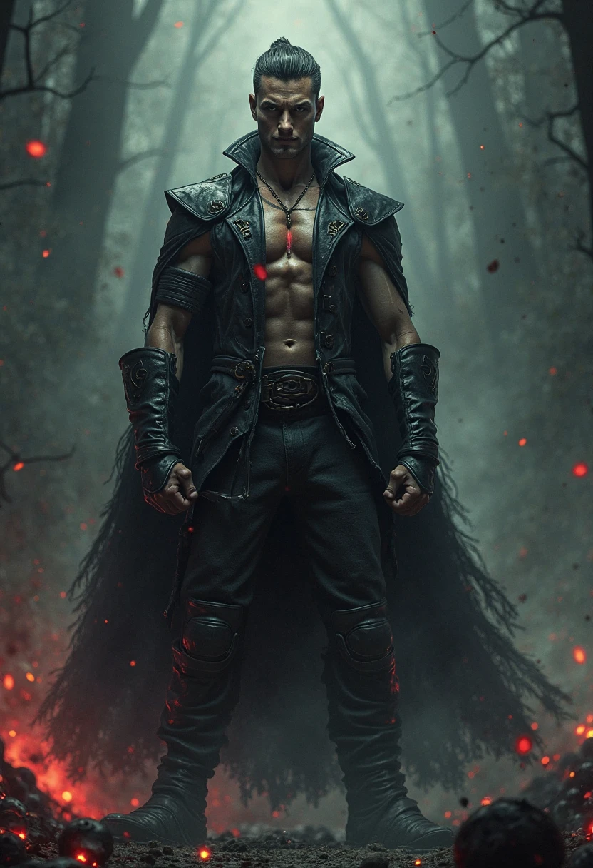 absurdres, highres, ultra detailed, HDR, master piece, best quality, Eiden, brown hair, expressive brown eyes, Nu Carnival, solo, sexy man, handsome, horny, lewd, demon, horns, black leather clothes, red cape, accessories, showing the chest, red sky, red moon, red trees, red spider lilies, fantasy, dark magic, magical