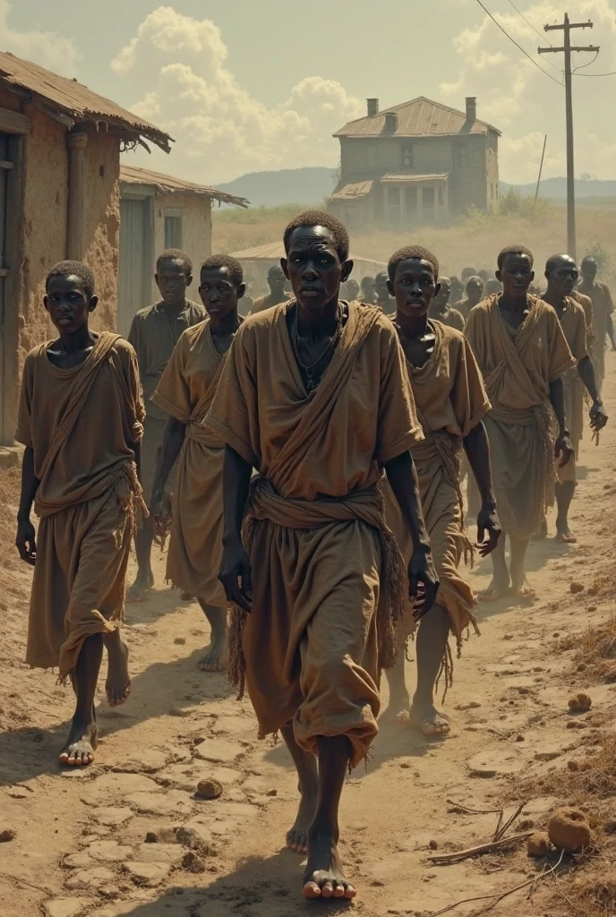 Five half-naked African slaves tied with a rope, descendant un escalier, grandes souffrance, tristesse dans les yeux, corps entier nu, no clothe, pas de coiffe, cheveux noirs, Dynamic scene from the movie Amistad, looking at the 50mm camera, Realistic photo HD, Diffuse light, Rebel Republic Environment, , hyper detailed, Whole size, Five half-naked African slaves tied with a rope, descendant un escalier, tristesse dans les yeux, Whole naked body chained with wrought iron chains, no clothe, pas de coiffe, cheveux noirs, Dynamic scene from the movie Amistad, looking at the 50mm camera, Realistic photo HD, Diffuse light, Rebel Republic Environment, , hyper detailed, Whole size, Plusieurs hommes et femmes esclaves debout, loin cloth, esclaves, Himba, corps entiers, all are chained, chaines en fer, Hands tied with a large rope, Homme africain, Enslaved humans, Screenshot of movie 300, Samuel Jackson, africain, The man has black skin, Scene from the movie Amistad, dark-skinned, pagne