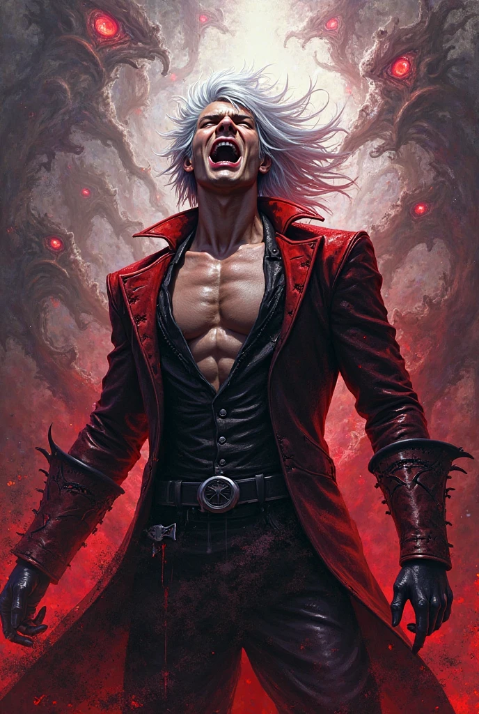 Male age 25, white skin, blue eyes, deep eyes, waist length hair, white hair, violet crecent moon on his forehead, scarlet red furry trench matrix gabardine open, black cargo pants, only left arm on violet flames, cyberpunk japanese style, chains around the belt, athletic, magic powers, action, sexy look, leather brown boots with metal pins, black cat nails, jojo's pose, night background