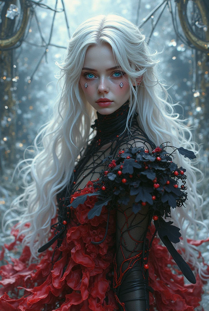 {{masterpiece}},best quality,very detailed,very detailed CG Unity 8k 벽지,illustration, 1 woman, 빨간 eye, wavy silver hair, pointy ears, vampire, dress, necklace, hair flower, eye, ice, whole body, launch,High close-up, very detailed,center frame,sharp focus, looking at viewer, floating hair,