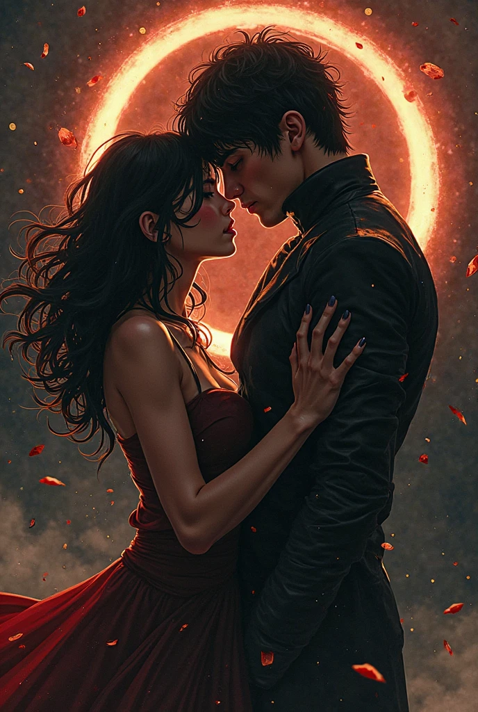 A beautiful girl with dark brown hair and a red dress dances in a dance club with a strong man with blond hair., waist-length portrait,detailed image, realistic, real, realistic facial features, realistic photography,Tangor dance,Expressive Movements,tempting,powerful,elegant,tango hugs,bright colors,sensual,Musical atmosphere,impeccable choreography, fascinating,attractive,Vigorous,tango rhythm,Elaborate costumes,fluid movement,Fiery intensity,romantic,dramatic lighting,страстный connection,Fiery Passion,Perfect Synchronization,audience fascinated,Sparks fly,emotional connection, intensive chemistry,fascinating performance,red flowers in the background