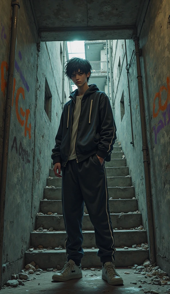 A 14-year-old boy with short blonde hair and a collar around his neck，The collar is attached to a thick dog leash，The chains on his body were tied to the pillars，Curl up on your knees，Wear tattered clothes，The body is dirty，A miserable and helpless look on the back in a crowded street