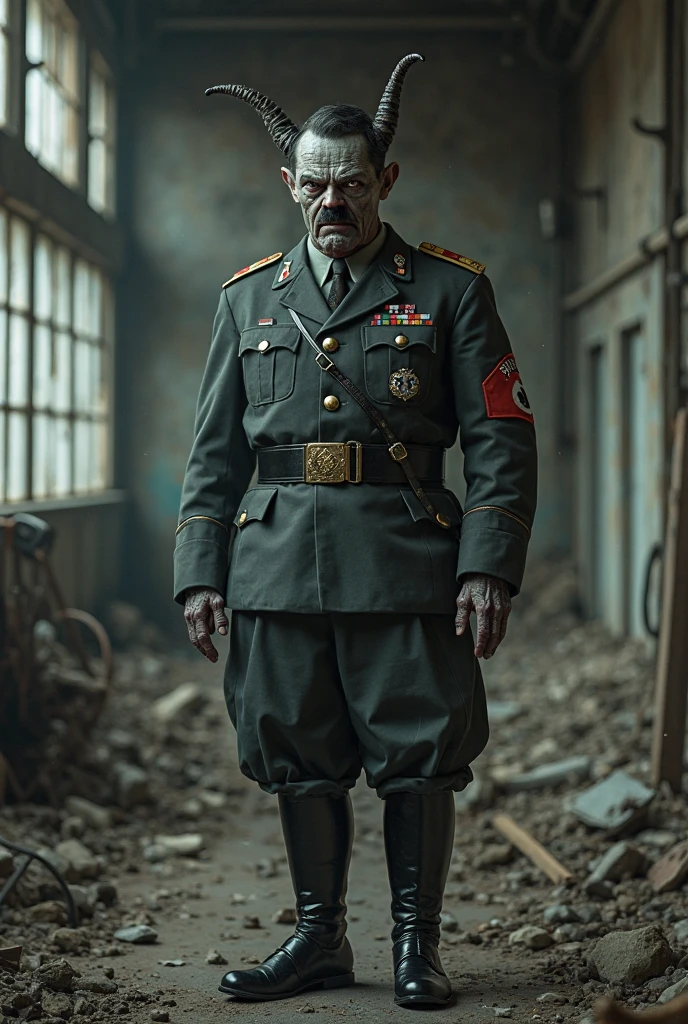 (Photorealism:1.2), pale white man,(((Obëngruber Fürrer SS uniform))),black eyes bordering on absolute black,macabre smile