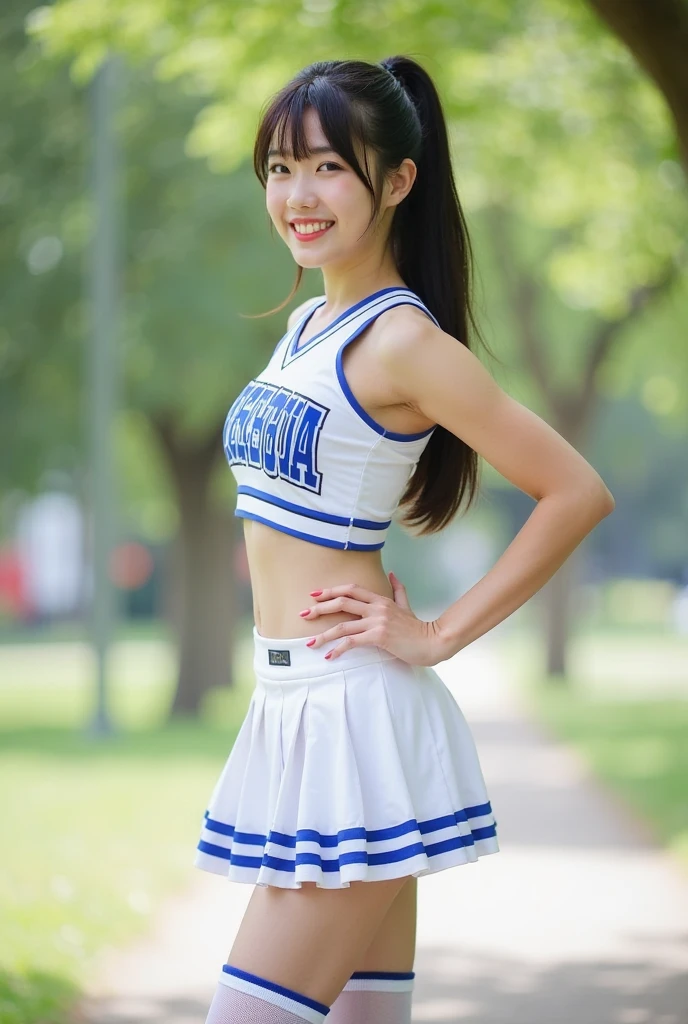 Pure young Japanese cheerleader girl, wearing cheerleader uniforms, sneakers, natural makeup, natural ponytail, sweet smile, sexual attractive, sitting and relaxing, lift up skirt, panty, professional portrait photography, dazzling summer sunlight,