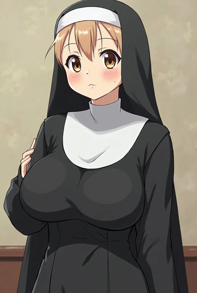 (1girl:1.5), masterpiece, best quality, best detail, best proportion, best anatomy, best face, blush, best shaped breasts, very large breasts, ((wearing nun's costume):1.4), 14 year old japanese lowteen, ((half body shot):0.9), nsfw, in a confession room(background), shame, blush, topless:1.3, nipples:1.2