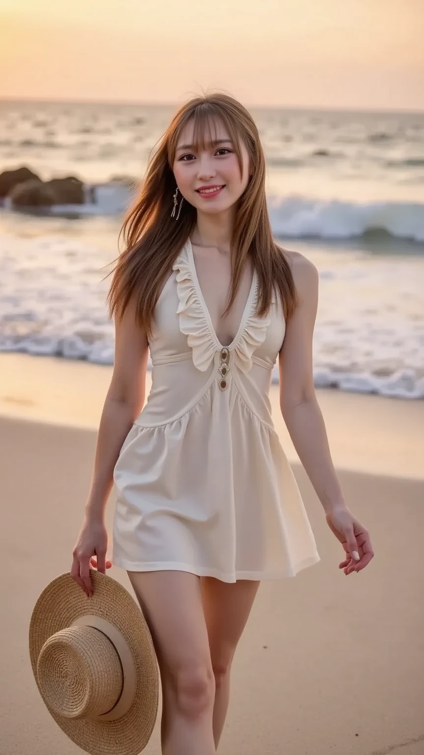 (masterpiece:1.2, best quality), (1lady, solo, upper body:1.2), Clothing: white flowy maxi dress, wide-brimmed hat, strappy sandals, Accessories: shell necklace, Hair: loose beach waves, Makeup: natural, glowing skin, Behavior: relaxed, carefree, free-spirited, Location: beach, resort, outdoor festival, red eyes, huge tits,