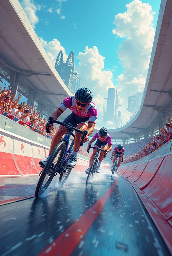 front wheel, low angle shot, bicycle ride woman, pedaling a bicycle, on a bicycle factory, bicycle with woman on it in front of a factory, bike factory, detailed photo of virtual LatexTech world factory <lora:LatexTech:0.90>