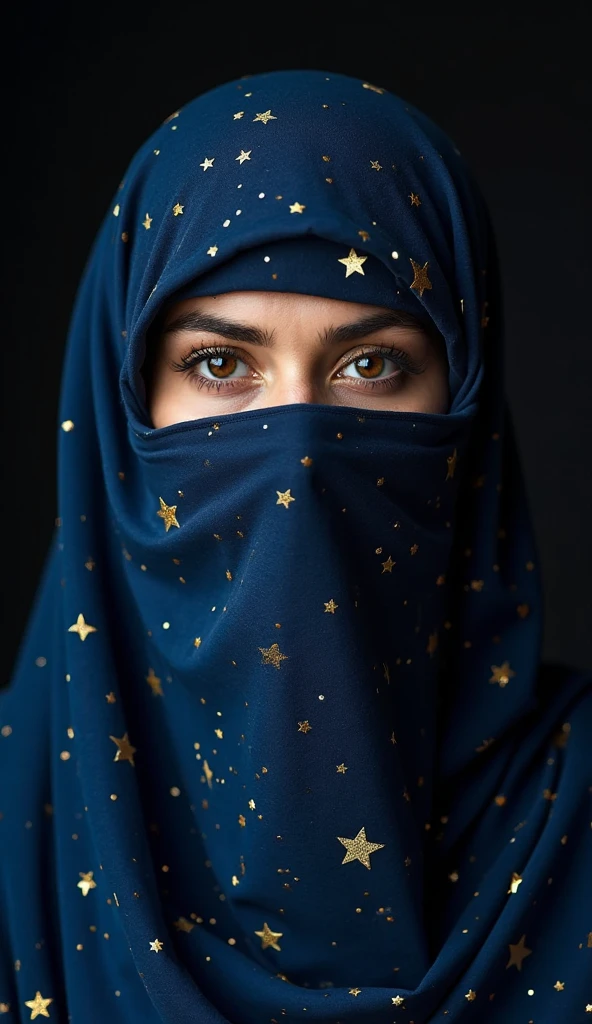 anime drawing style, profil picture, Arabic Woman with kaki green hijab, without eyes , not smiling, dark galaxy background, without makeup, with no hair visible