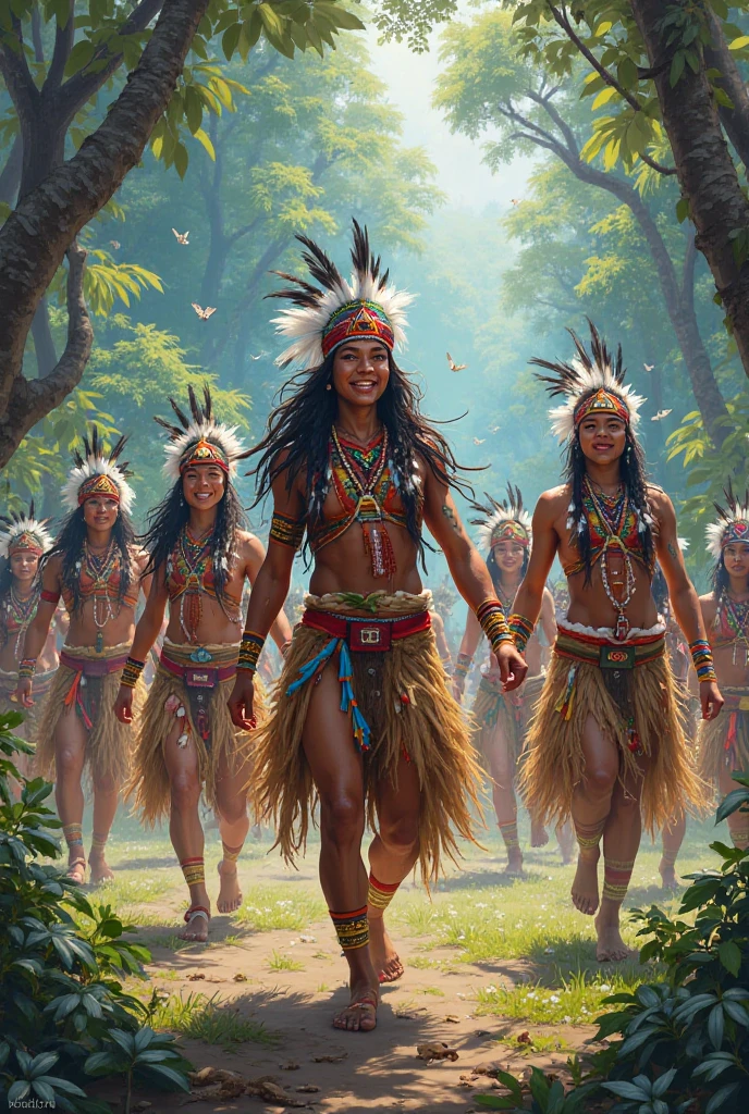 ((highest quality)), ((masterpiece)), (detailed), (Perfect Face)、((The woman is Yuuki Asuna, a tribal woman with dark brown skin, light brown hair, naked body, dark brown painted skin, and a flashy, indigenous look.々She is the queen of a tribe, with her whole body painted in colorful patterns, wearing a gorgeous war bonnet, lots of gorgeous accessories, a shawl made of vibrant feathers, and a nose ring and nipple piercing.))、(A woman holds her baby and smiles in the village square5She is standing with her daughter and son, who are about the same age.)、(The man is the king of the tribe and looks at the woman with satisfaction.)、Women are naked and wear bone jewelry, tribal earrings, tribal necklaces and tribal accessories.、(The man was a strong, black-skinned tribal king, naked and flashy.々A man with a thick penis and testicles, painted in various colors, wearing a war bonnet and a flashy costume.)、The man is wearing the luxurious costume and accessories of a tribal chief、Tribal villages