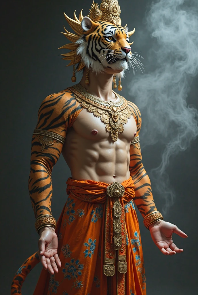 Create a captivating photo manipulation featuring a majestic Malayan tiger dressed in a regal Malaysian king's attire, adorned in luxurious yellow garments, and wearing a magnificent tanjak as a traditional headpiece. Place the dignified tiger on a grand throne within an enchanting, otherworldly castle. Employ creative editing techniques to blend the tiger seamlessly with the opulent setting, and enhance the overall ambience with subtle magical or ethereal elements. This artwork should evoke a strong sense of awe, power, and enchantment, inviting viewers into a captivating and mythical world ruled by the tiger king in resplendent yellow attire