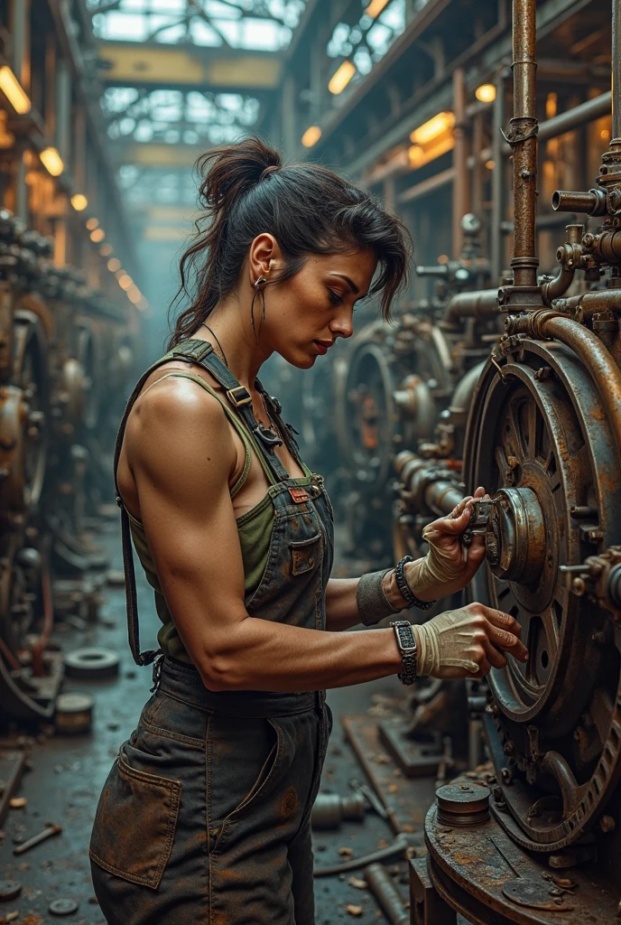 a woman working on a sewing machine in a factory, ((muscular body)), detailed, ((detailed body)), (dynamic pose)