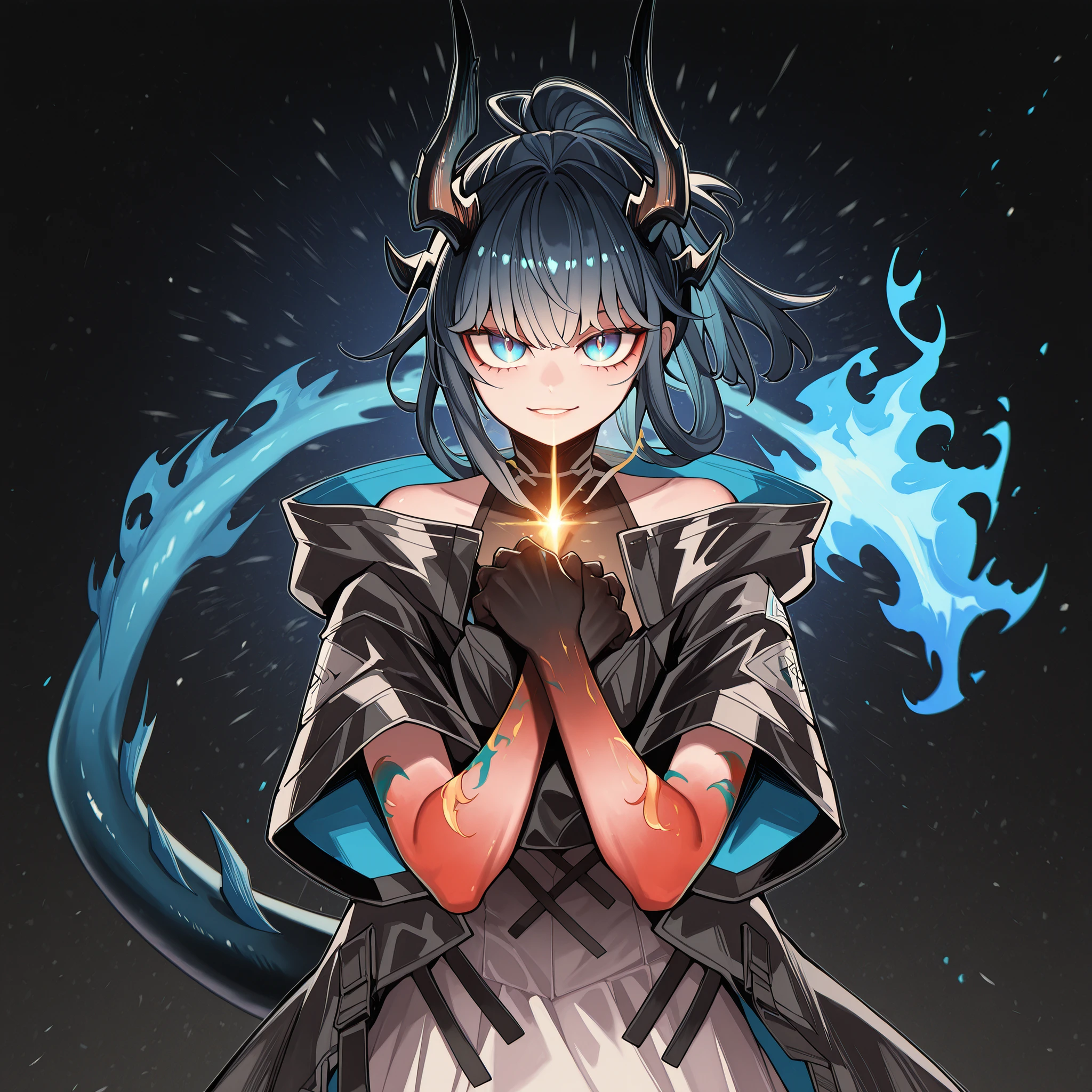 sozinho, 1 menino, personagem jovem, Character with height of Nian de "arknights", The character is male, jovem,
black horns like Reed The Flame Shadow of "arknights", black tail like Reed The Flame Shadow of "arknights" (but with blue flame at the tip);
cabelo preto, , the character's hairstyle must be the same as Uchiha Sasuke de "Naruto Shippuden", franjas longas, black hands and arms with blue details and spots;
The character's face must be the same as Nian de "arknights" (mas com olhos azuis), flashy blue eyes, rosto provocativo, sorriso provocante, jovem, perfect and beautiful face ;
anatomia perfeita, arms colored in the style of Nian "arknights" (but the arms and hands must be painted black with blue details), hands with claws, arms with blue details;
black coat like Reed The Flame Shadow in "arknights", the underwear must be a black body-hugging suit with a black cape at the waist, exposed arms, baixa estatura;
creating a galaxy in shades of blue in one hand, arms colored in the style of Nian "arknights" (but the arms and hands must be painted black with blue details), black coat like Reed The Flame Shadow in "arknights", the underwear must be a black body-hugging suit with a black cape at the waist, exposed arms, baixa estatura;;
fundo preto, attack position, looking at the viewer, and hands with blue details, arms colored in the style of Nian "arknights" (but the arms and hands must be painted black with blue details);
pose chamativa, exposed shoulders and head, perto do rosto , looking at the character, looking at the viewer, cara a cara, sorriso provocante, confiante, similar height to Nian "arknights",
black horns like Reed The Flame Shadow of "arknights", black tail like Reed The Flame Shadow of "arknights" (but with blue flame at the tip);