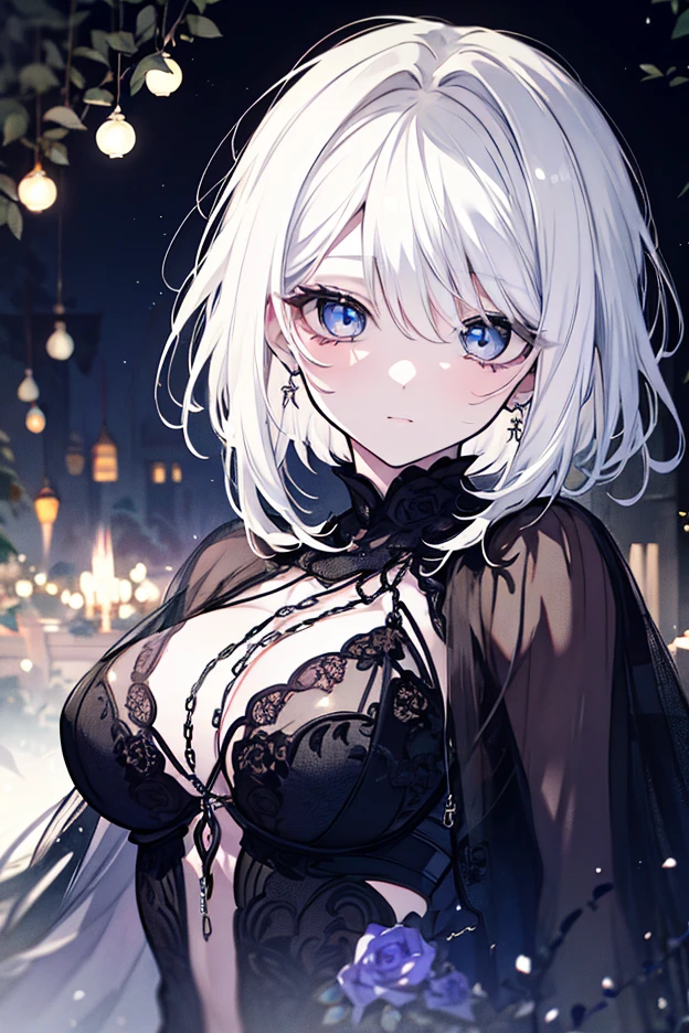 super high quality, with a girl, 20-year-old, very short hair, long bangs between the eyes, pale blue eyes , very detailed,(masterpiece、highest quality)、alone、gray hair、White skin as clear as snow、fantasy, silver hair, black eye, beautiful eyes,, ecstasy, charm, be smitten with audience, fantasyな風景、inside the house