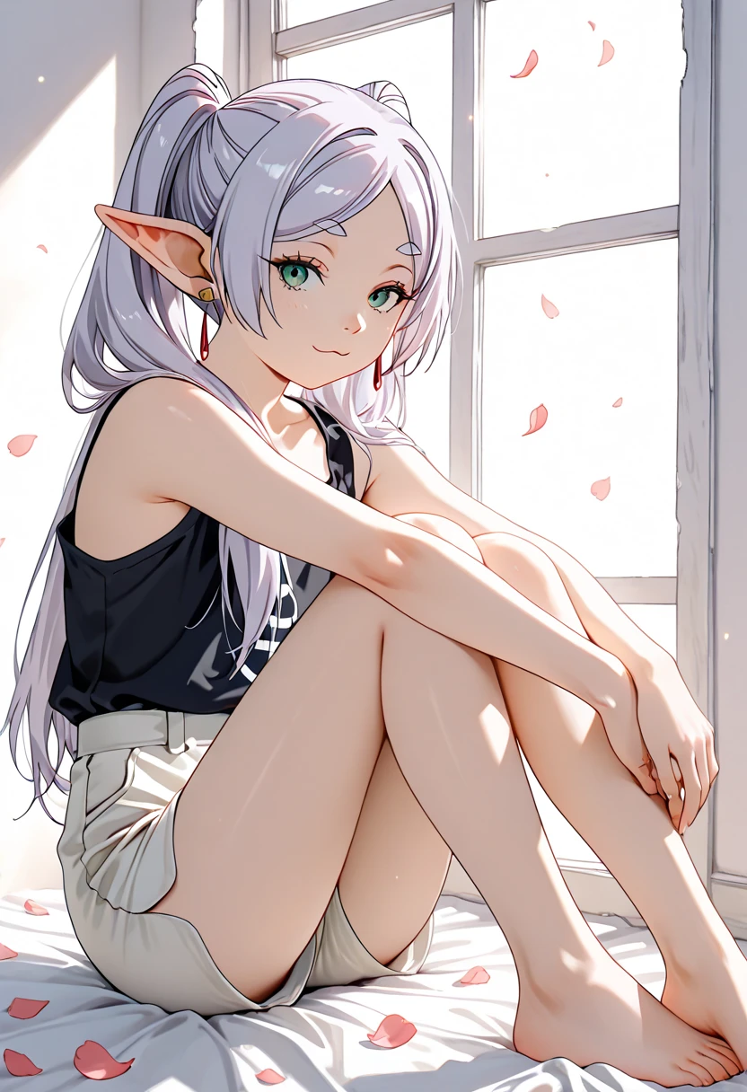 Best Quality, top-quality、(cute petit girl:1.3),Beautiful pink eyes、flat chest、Lori、(Cuteness beyond limits)、Shining thighs、((Cute smile))、tied up with a collar、tshirts、hotpants、Open the crotch、bend knee