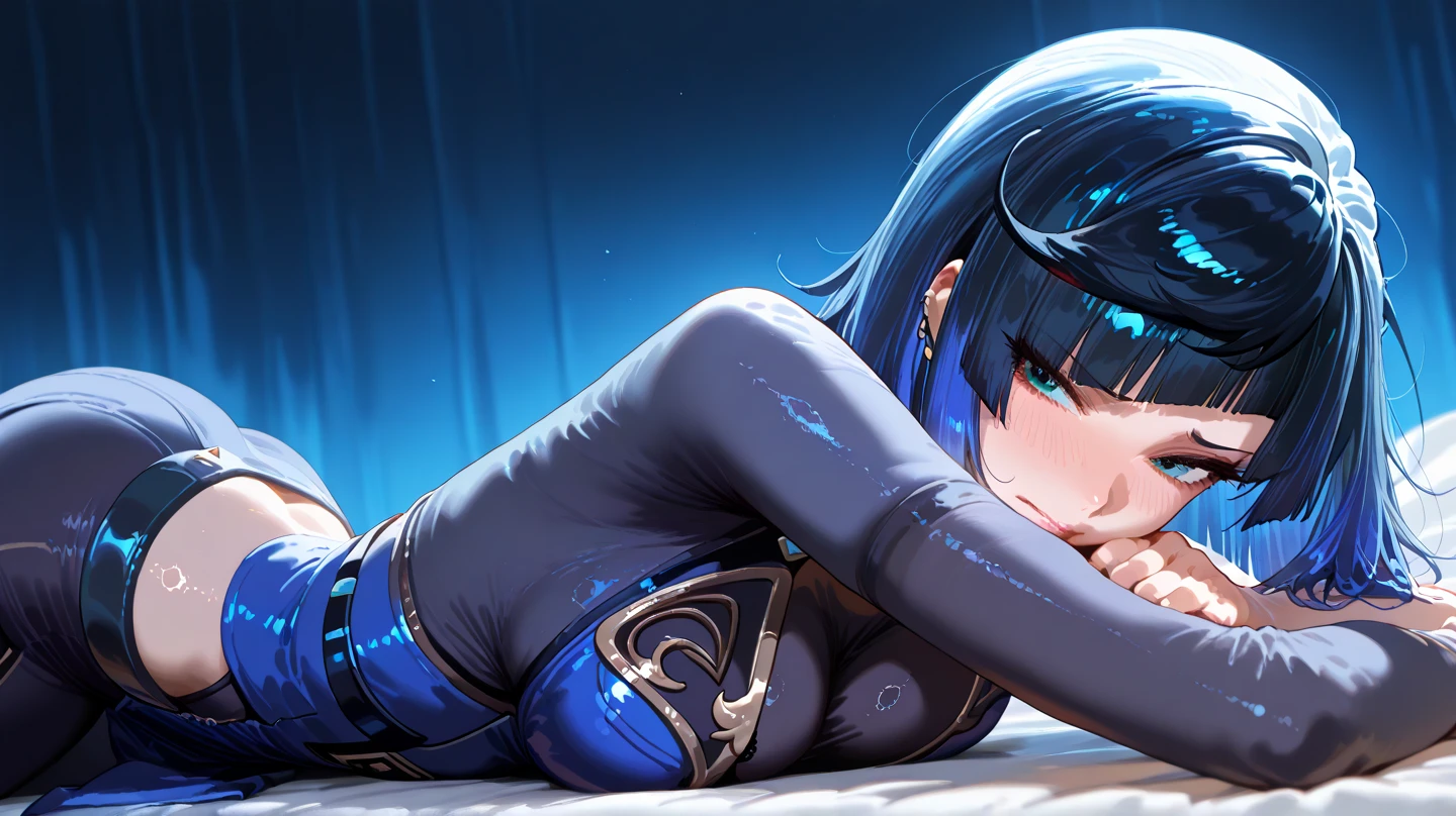 possessed woman, laying down on the bed (dark theme:1.5) prone position, looking back, short straight black hair, wearing kimono, stockings, bang covering one eye, crazy blue eyes, crazy smile, dark atmosphere, (energy flow:1.4), (spell magic:1.4) suggestive (best quality:1.2), (absurdres:1.2), (detailed background)