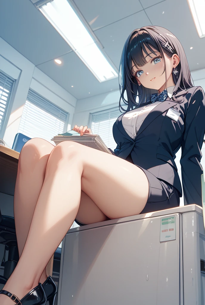 (Masterpiece, top quality, high resolution, realistic photo, realistic looking skin:1.1),
(The woman is sitting cross-legged in an office chair at her position desk:1.5),
(She is lecturing me, but her panties are visible between her skirt and thighs: 1.8),
(She is expressionless: 1.5),
(She is wearing a gray skirt suit with a V-neck undergarment: 1.8),
(She has bare legs: 1.8),
(She is wearing black pumps: 1.8),
(She has medium black hair:1.5),
(Location: office chair at position desk in office:1.5),
1 Japanese girl, solo, full bodied esbian, beautiful eyes, glowing eyes, glowing thighs, NSFW